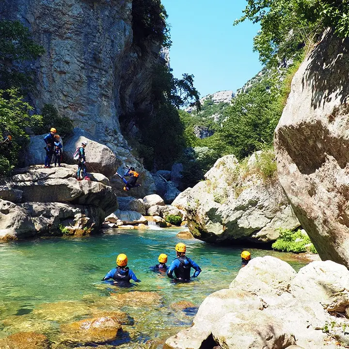 Nice jump into the blue water of the Gorges du Loup - Les Geckos